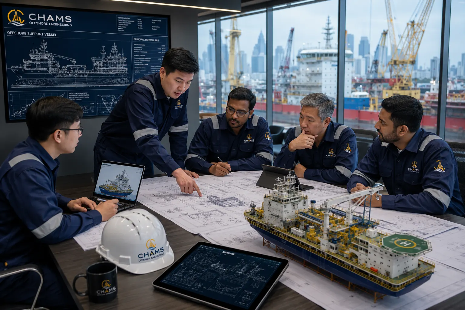 CHAMS engineers reviewing vessel drawings and a platform model