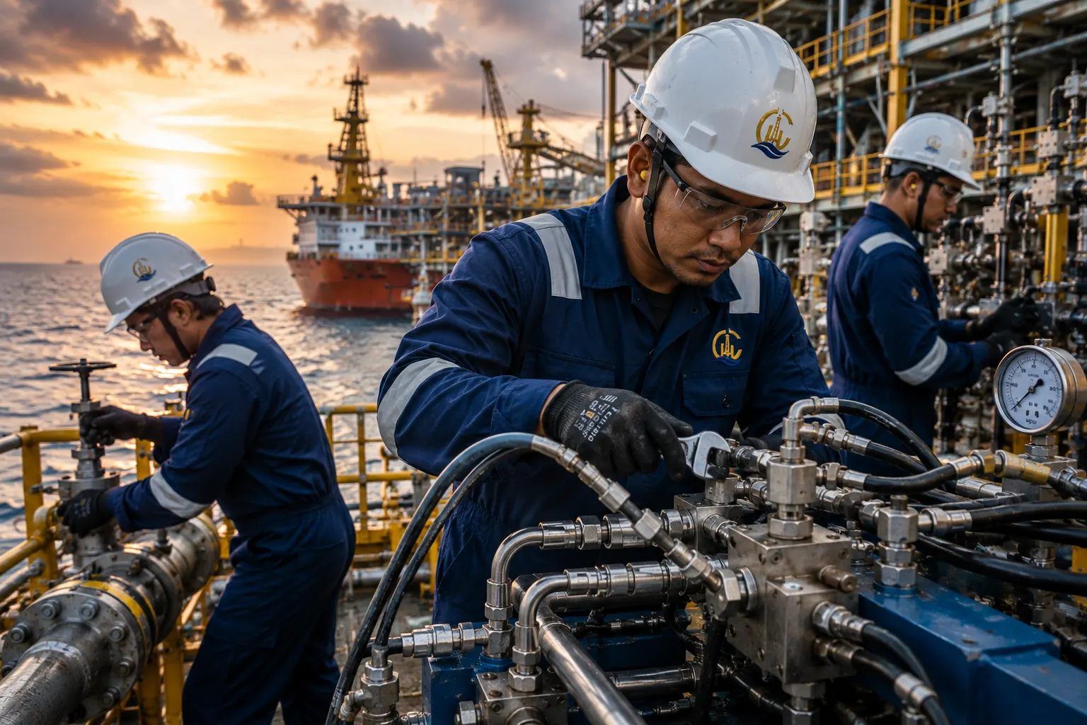 Technician working on a process piping manifold