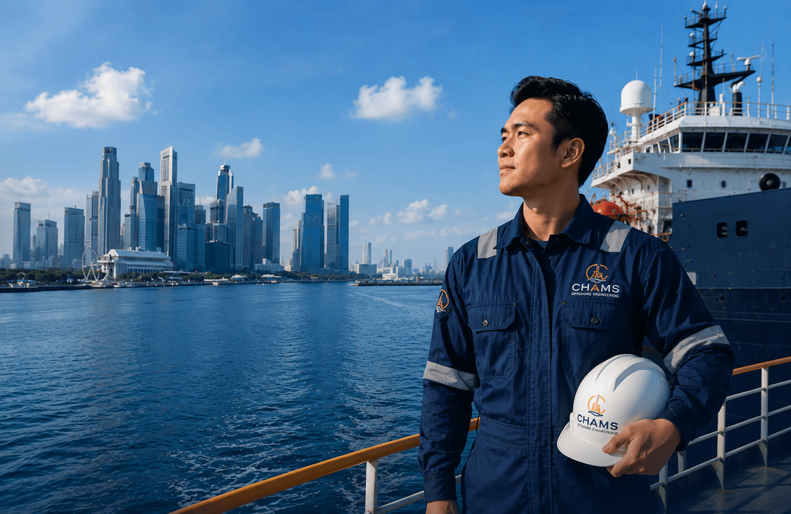 CHAMS Offshore engineer aboard a vessel with the Singapore skyline
