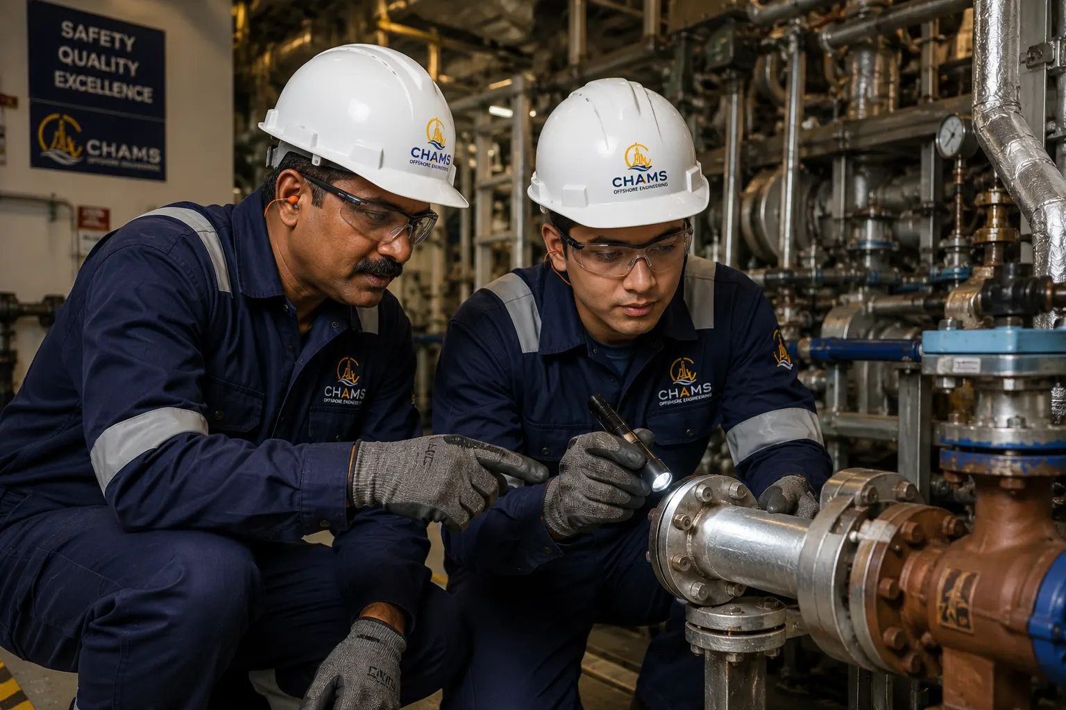 Experienced technician mentoring a colleague on a valve assembly