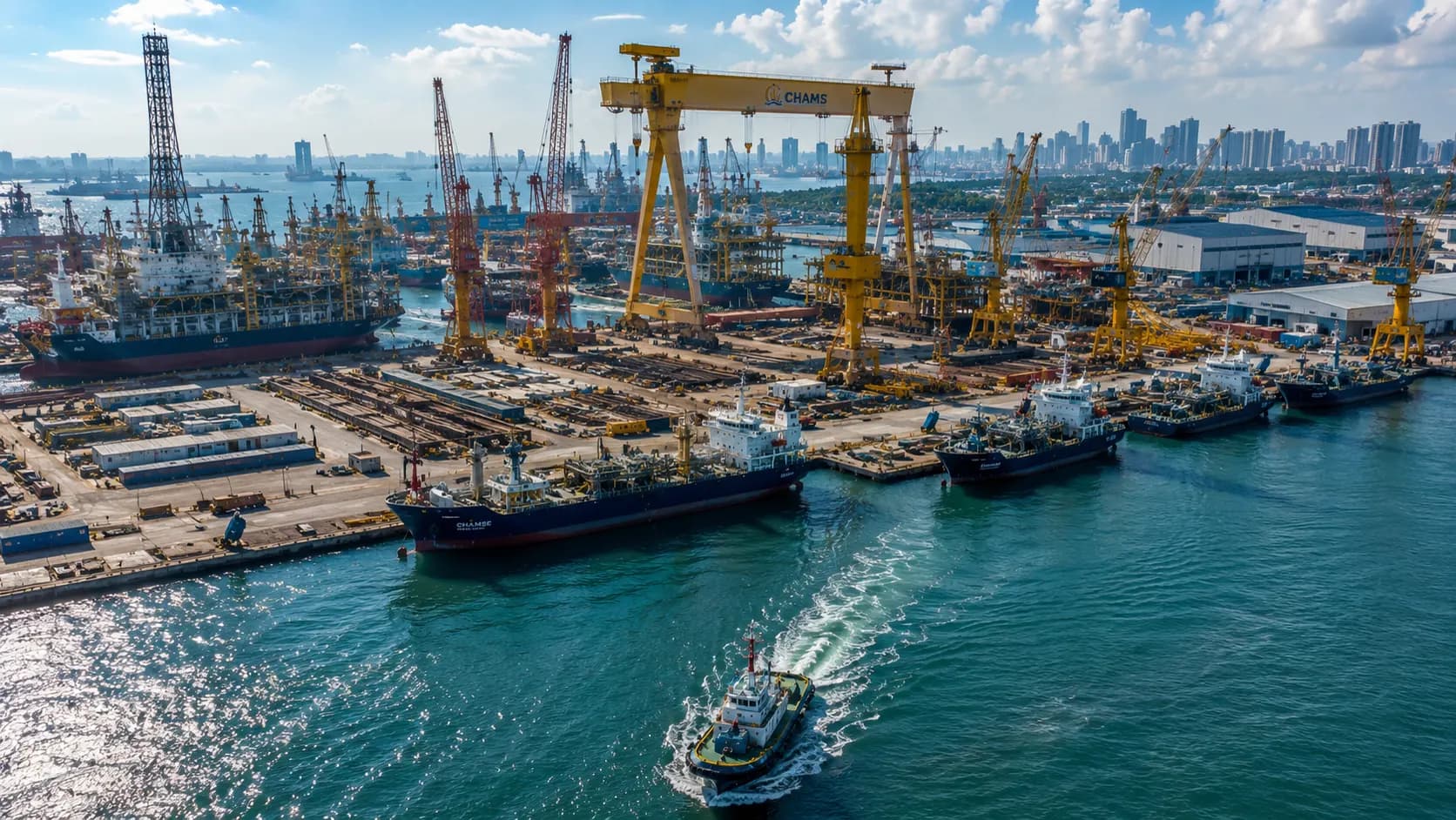 Aerial view of a Singapore shipyard with offshore vessels alongside