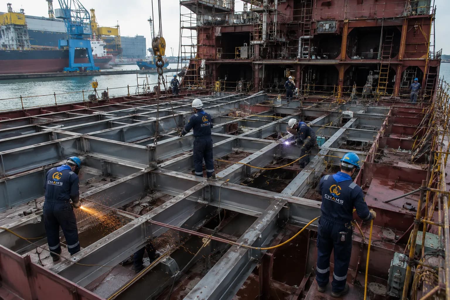 Welded steel framework being assembled